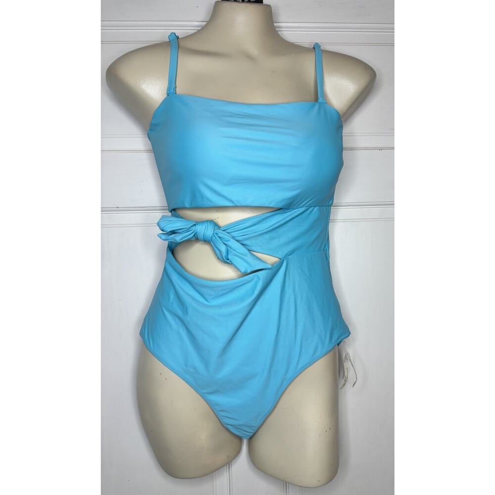 New Aerie One Piece Full Coverage Front Cut Out Tie Swimsuit Aqua Blue Large L
